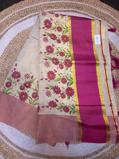 Pink Kerala Vishu Sari Indian Cream Tissue hand Printed Onam Saree C16