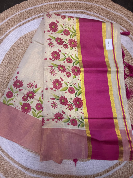 Pink Kerala Vishu Sari Indian Cream Tissue hand Printed Onam Saree C16