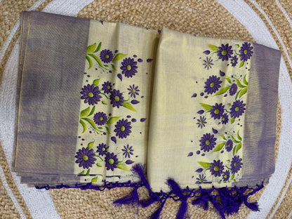 Purple Kerala Vishu Sari Indian Cream Tissue hand Printed Onam Saree C16
