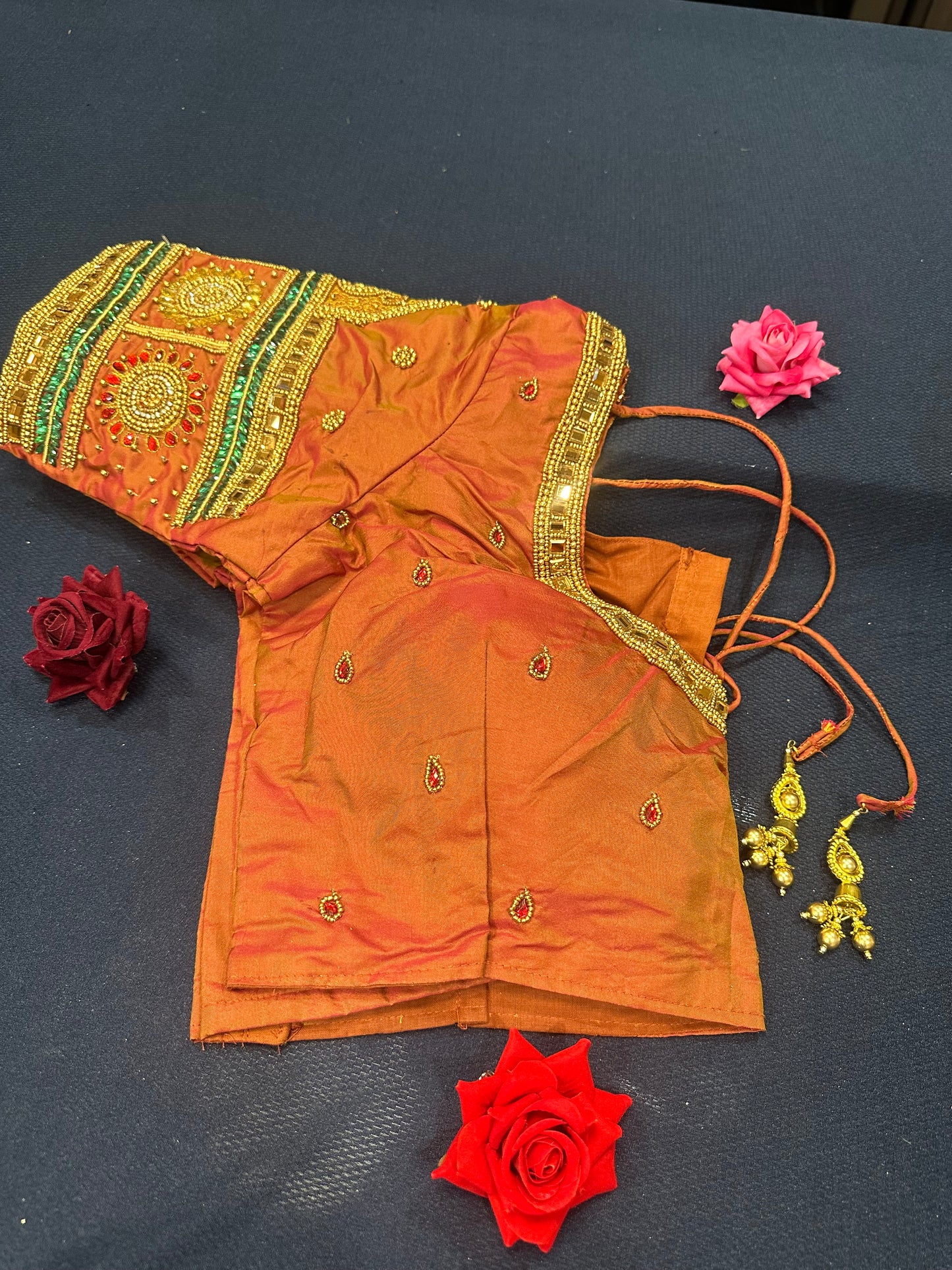 40” Aari hand Worked Sari Blouse Indian Top Choli Silk Rusty Orange B19