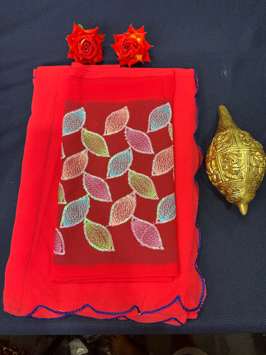 Chiffon Sari Indian Fancy Saree Red with Worked blouse material S121