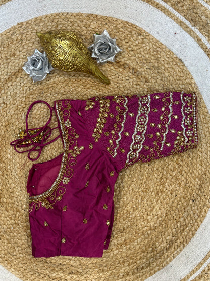 34” XS Aari Worked Sari Blouse Indian Saree Top Silk Magenta B106