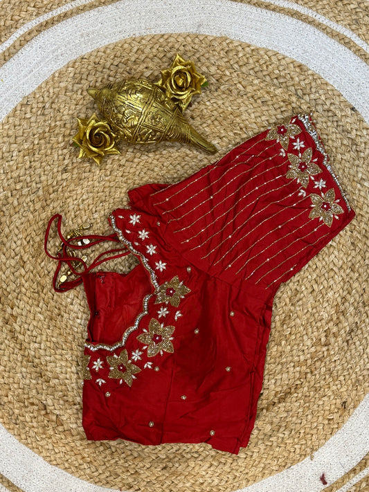 40” Size 10 Aari Worked Sari Blouse Indian Saree Top Silk Red B86