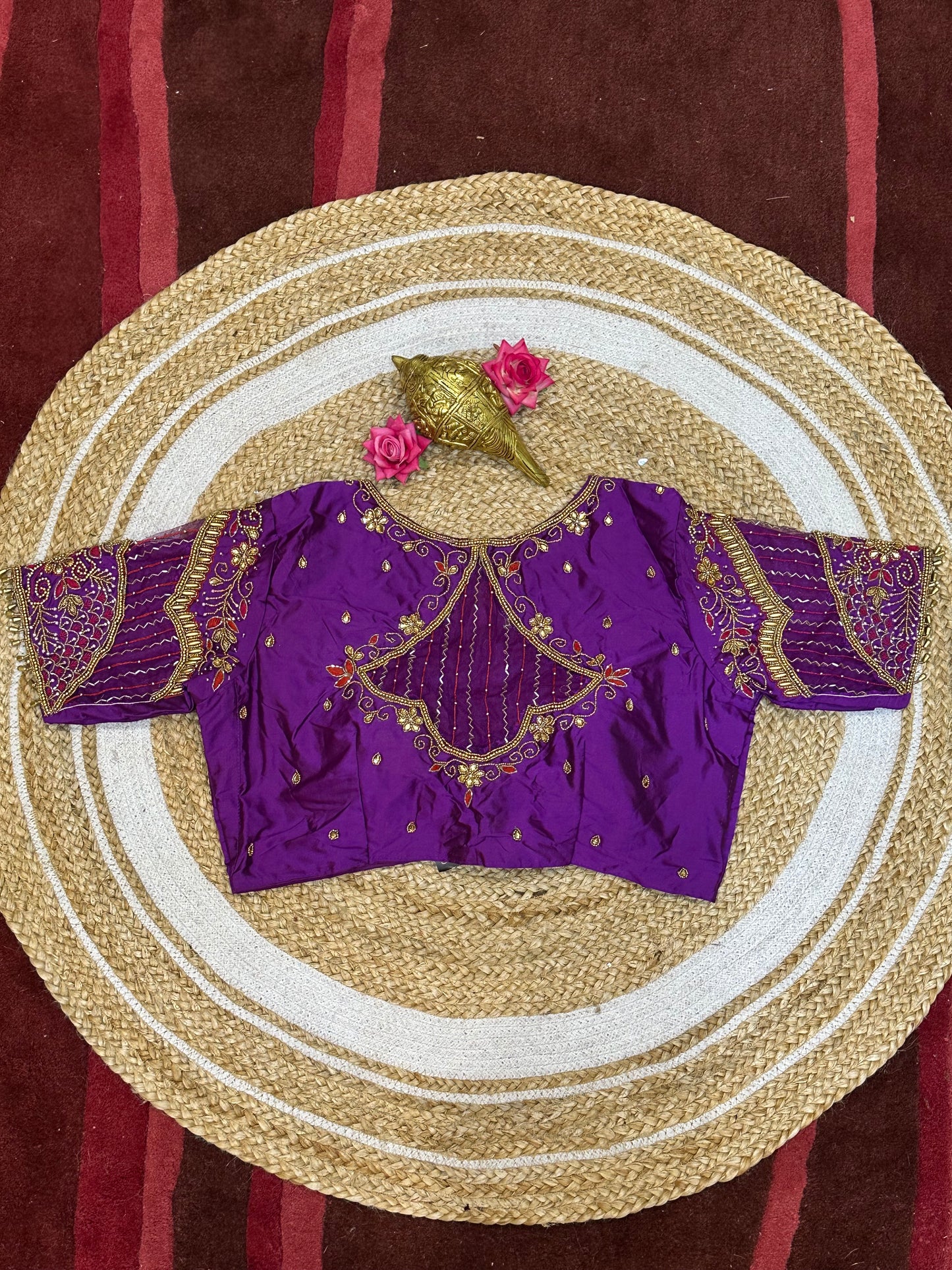 40” Size 10 Aari Worked Sari Blouse Indian Saree Top Silk Purple B98