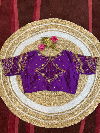 40” Size 10 Aari Worked Sari Blouse Indian Saree Top Silk Purple B98