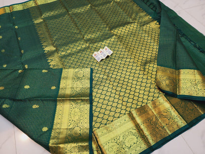 Kanchipuram Pure Silk Saree Bottle Green & Gold Kanjivaram Sari| SPK131