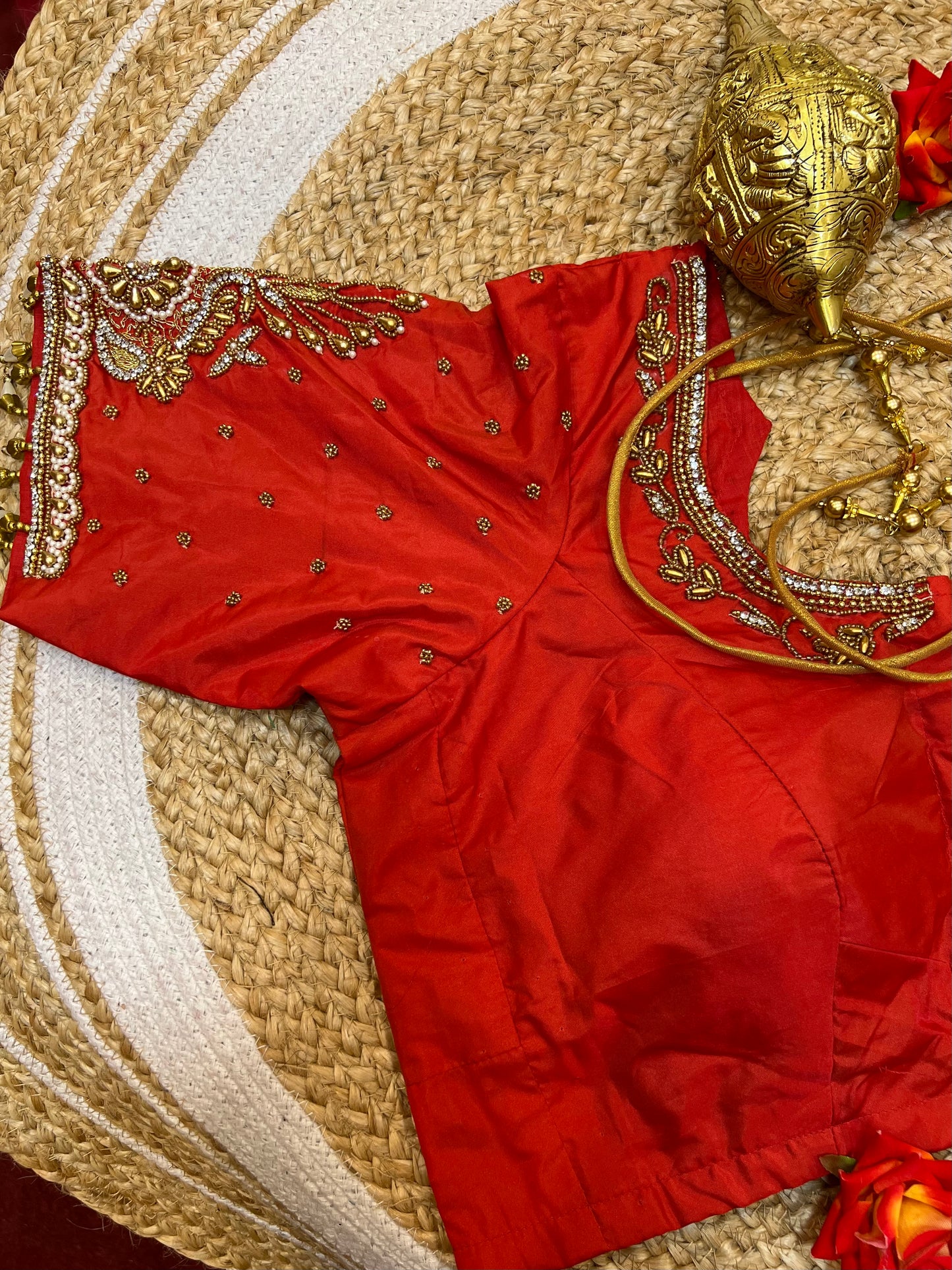 40” Bridal Aari hand Worked Sari Blouse Indian Top Choli Silk Red B36