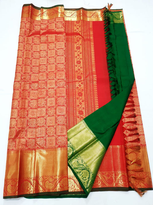 Bridal Kanchipuram Pure Silk Saree Red & Green Kanjivaram Sari| SPK