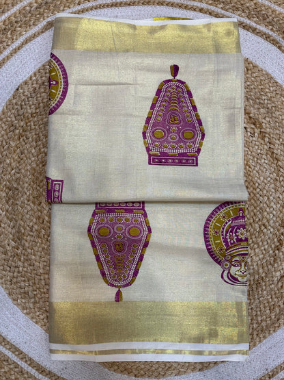 Red Kerala Vishu Sari Indian Cream Tissue hand Printed Onam Saree C17 Col 3