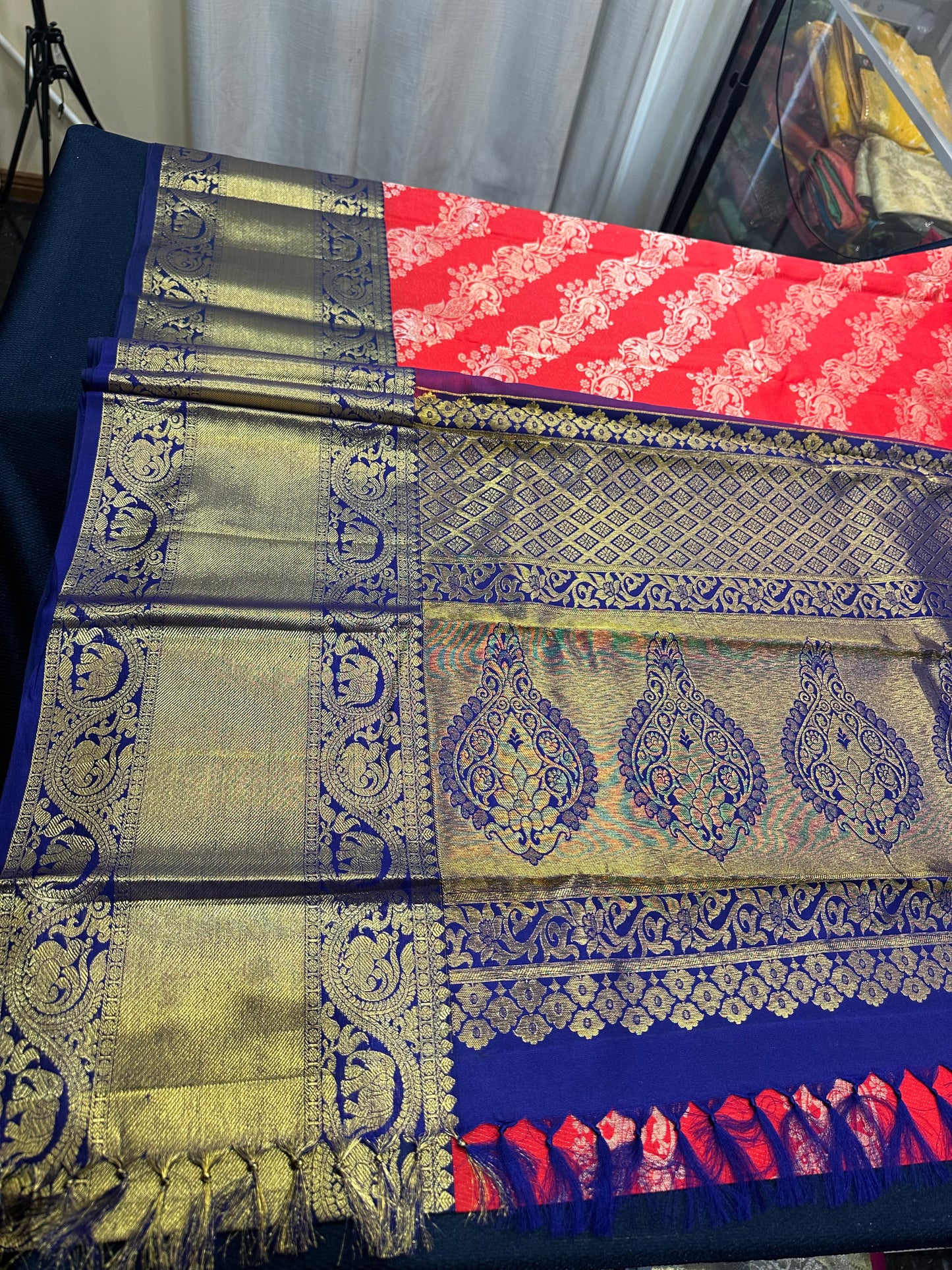 Bridal Kanchipuram Pure Silk Saree Red & Blue Kanjivaram Sari| SPK130