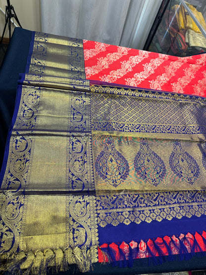 Bridal Kanchipuram Pure Silk Saree Red & Blue Kanjivaram Sari| SPK130