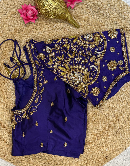 40” Size 10 Aari Worked Sari Blouse Indian Saree Top Silk Blue B96