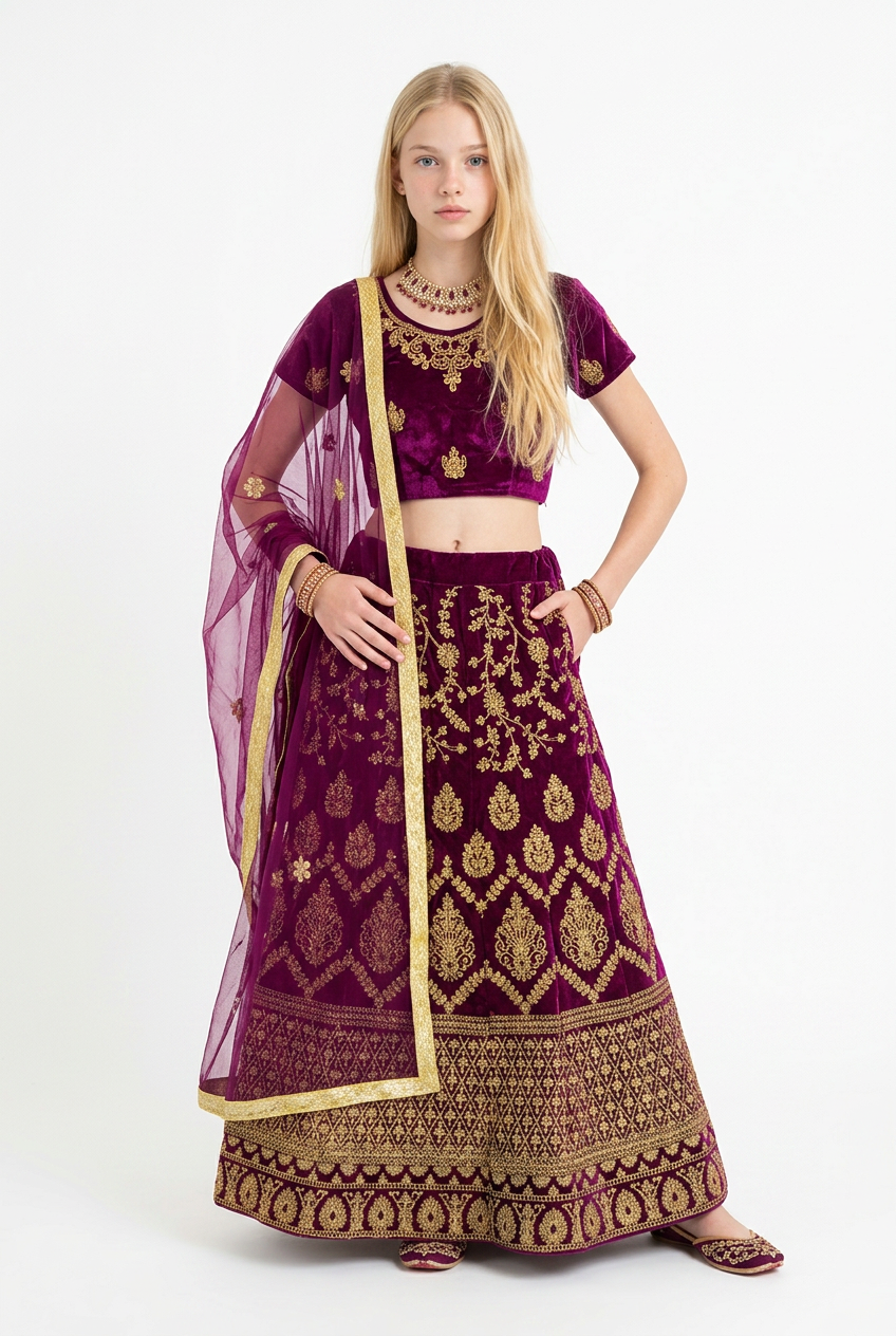 32” Size Age 7 to 9 Wine Indian Lehenga Pavadai Sattai Skirt Top G77 Col 1