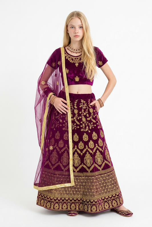 32” Size Age 7 to 9 Wine Indian Lehenga Pavadai Sattai Skirt Top G77 Col 1