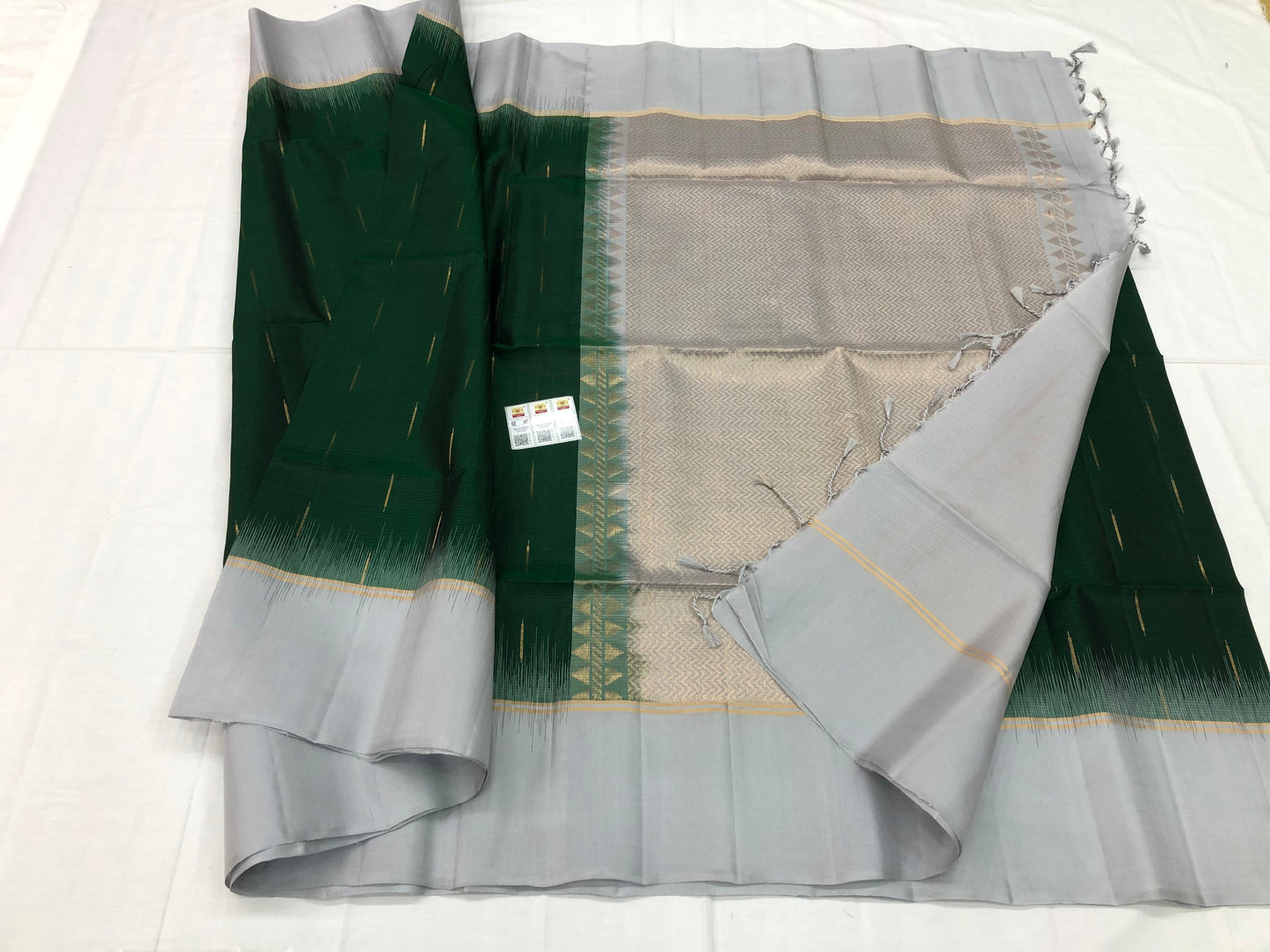 Kanchipuram Pattu Soft Silk Indian Saree Pure Silk Sari Green | SS20