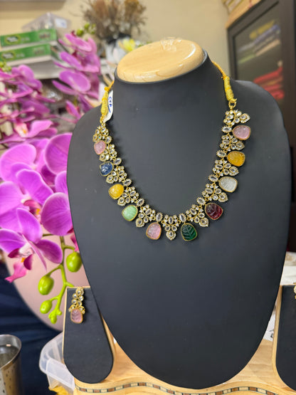 Indian Brass Necklace & Earrings Jewellery Set Multi N62