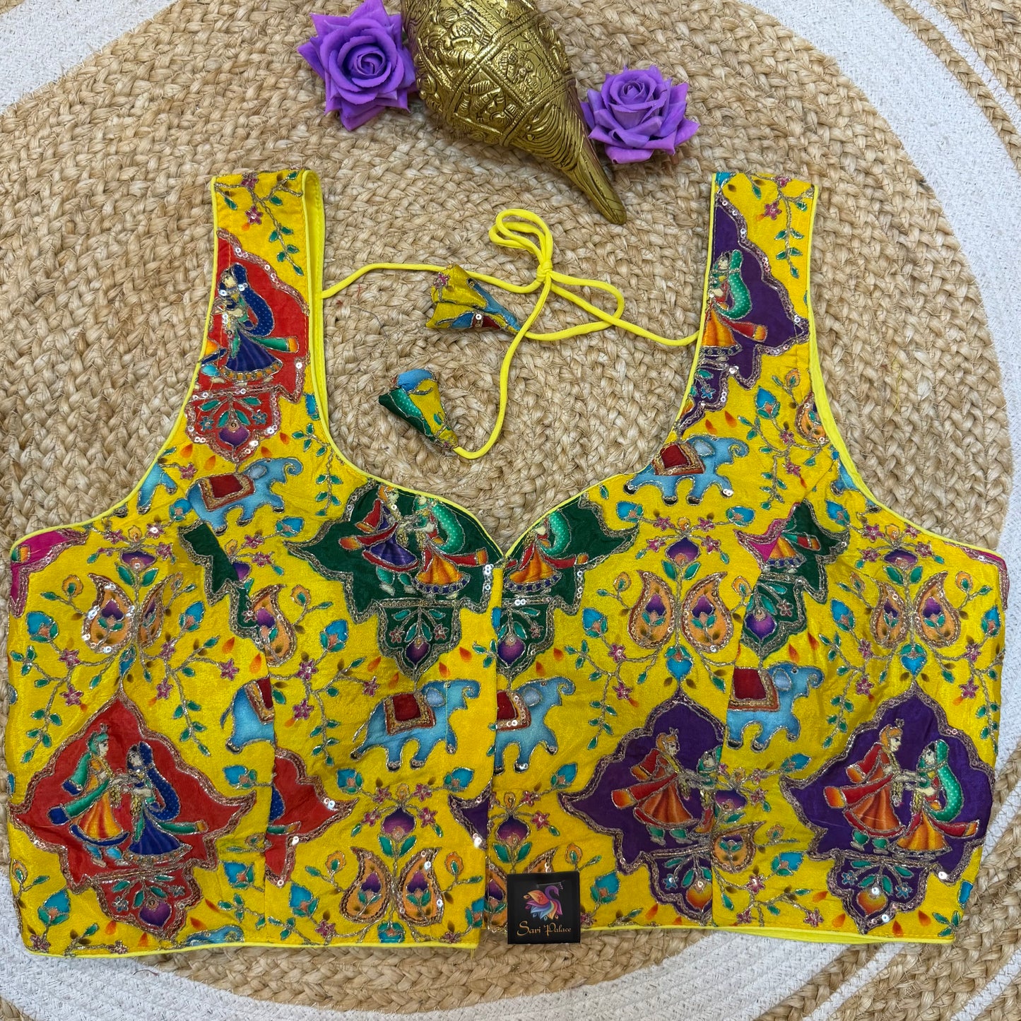 Mango Yellow Precision Printed 44” Size 14 Sari Blouse Indian Saree Top B407
