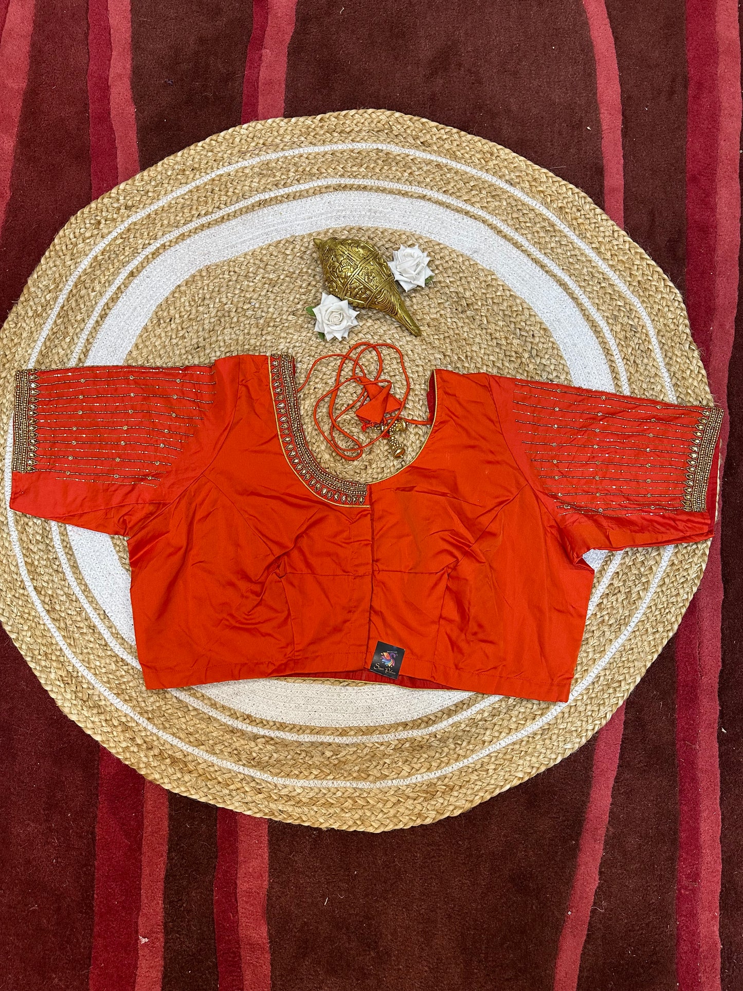 50” Size 20 Aari Worked Sari Blouse Indian Saree Top Silk Orange B55