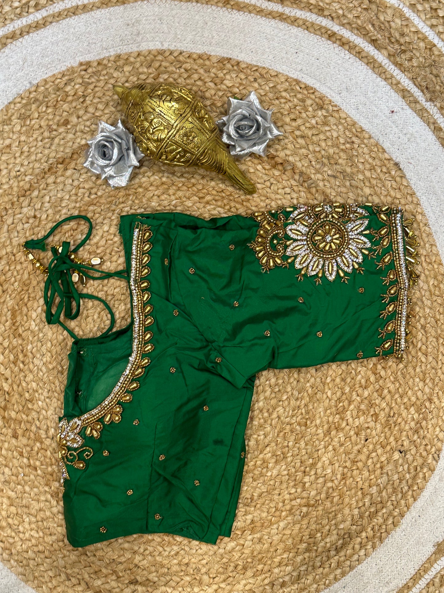 34” XS Aari Worked Sari Blouse Indian Saree Top Silk Green B120