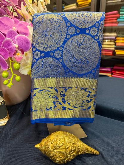 Kanchipuram Bridal Pure Silk Saree with Gold Zari Blue & Gold Sari| SPK084