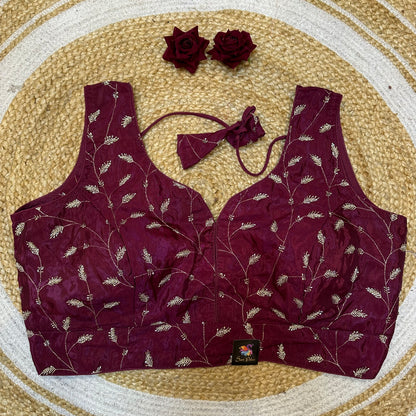 Maroon 44” Size 14 Sari Blouse Brocade Indian Saree Top B421