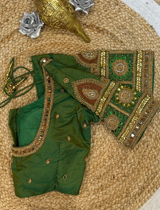 34” XSmall Aari Worked Sari Blouse Indian Saree Top Silk Green B114