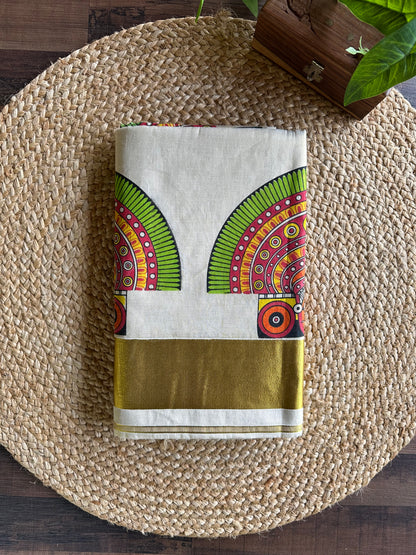 Kerala Vishu Sari Indian Cream Tissue hand Printed Onam Saree C7 - Col 6
