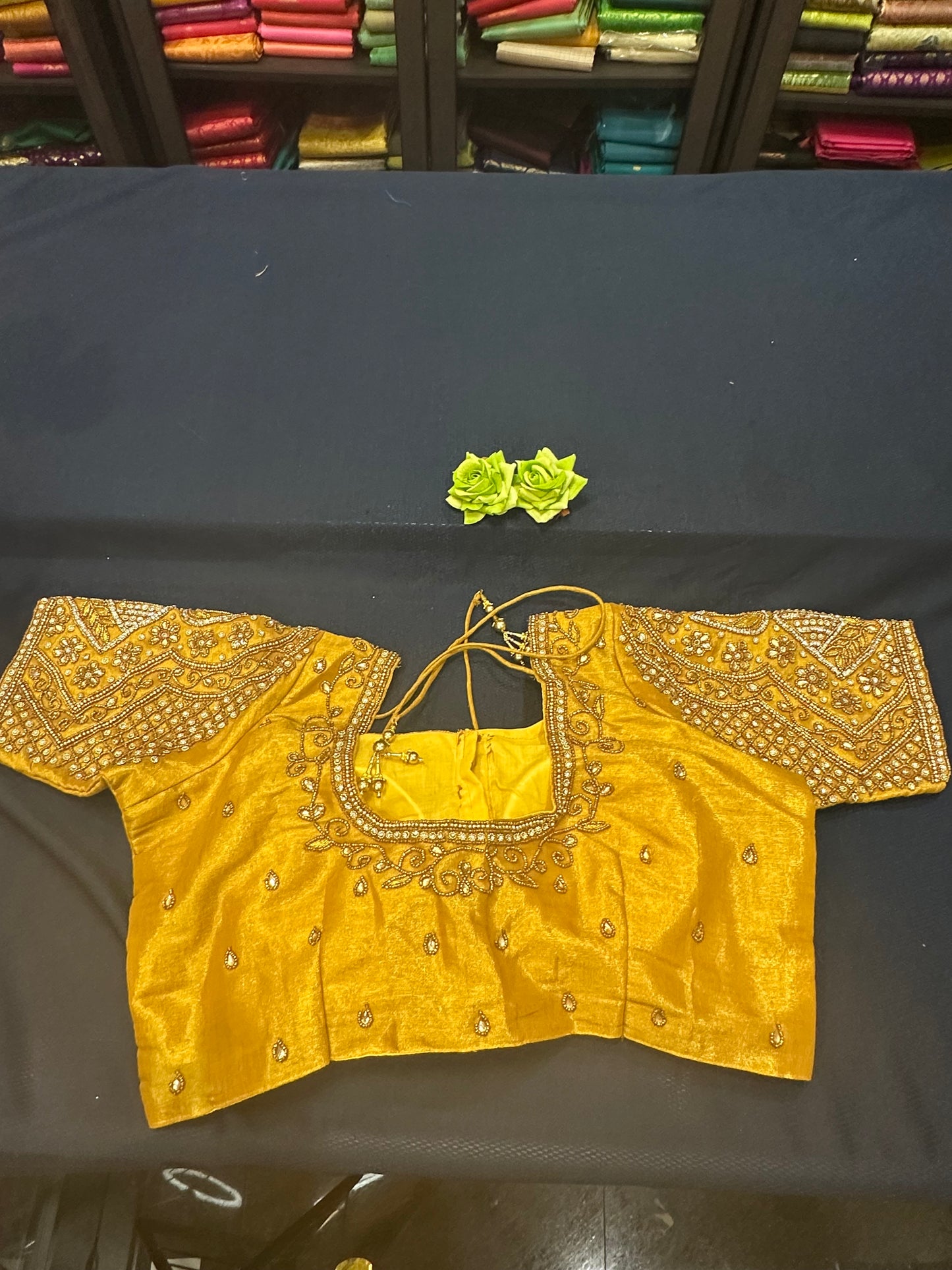 40” Aari hand Worked Sari Blouse Indian Top Choli Silk Gold B9