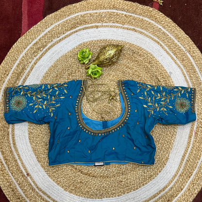 38” M Size 8 Aari Worked Sari Blouse Indian Saree Top Blue B276