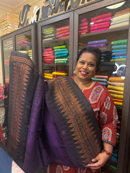 Silk Cotton Linen Sari Indian Saree Copper Jari Mehendi Green Black S127