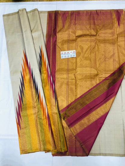 2g Gold Kanchipuram Pure Silk Saree Cream Multi coloured Kanjivaram Sari| SPK134