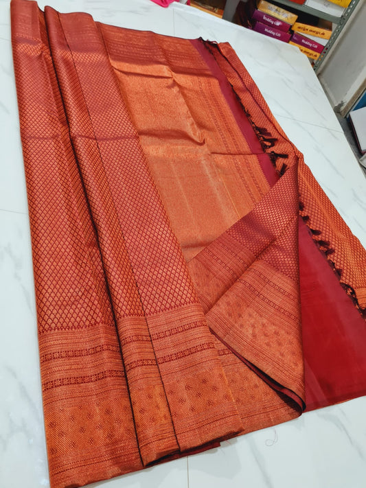 Kerala style Kanchipuram Pure Silk Saree Maroon & Copper Kanjivaram Sari| SPK116