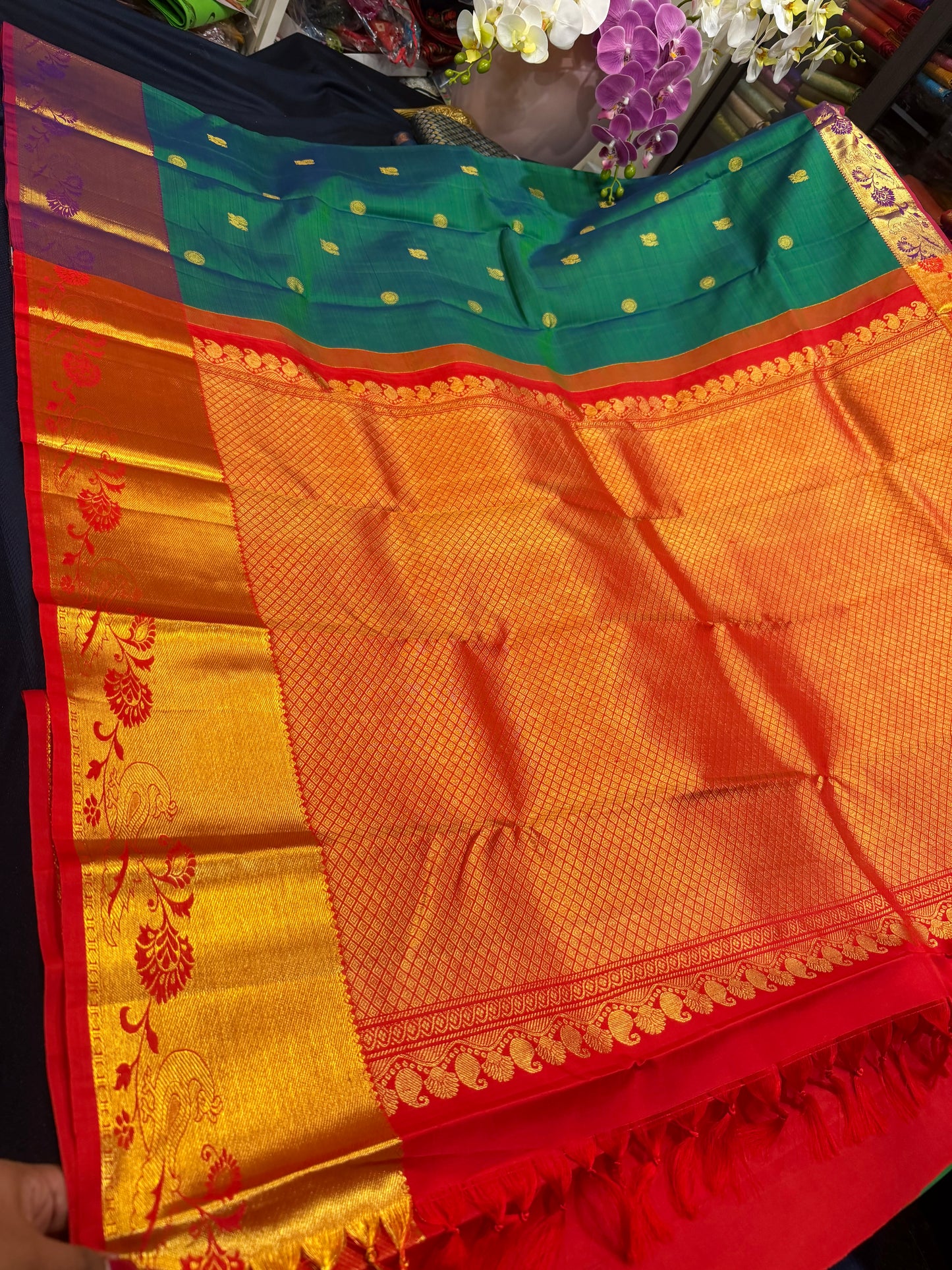 Kanchipuram Pure Silk handloom Saree Indian Kanjivaram Green Red Sari SPK429