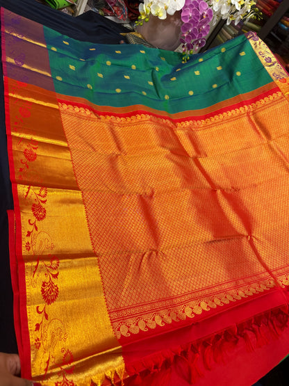 Kanchipuram Pure Silk handloom Saree Indian Kanjivaram Green Red Sari SPK429