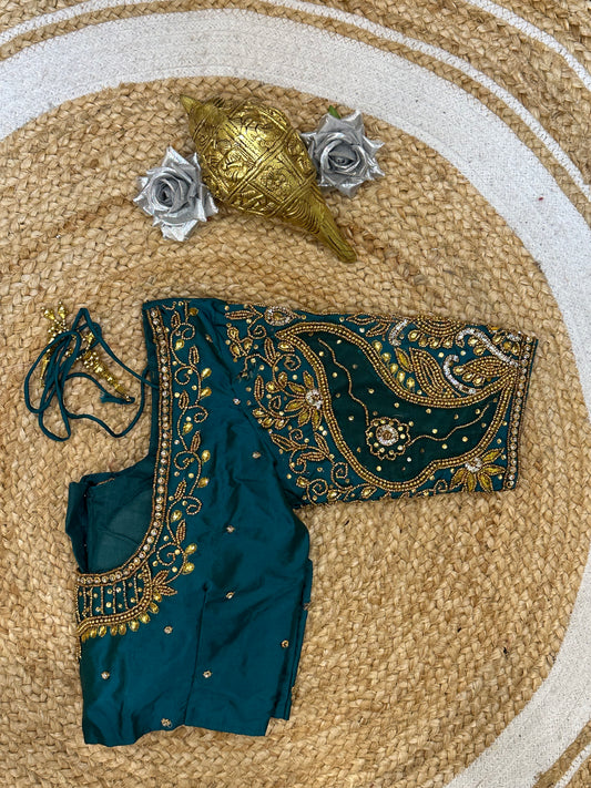 34” XS Aari Worked Sari Blouse Indian Saree Top Silk Turquoise B121