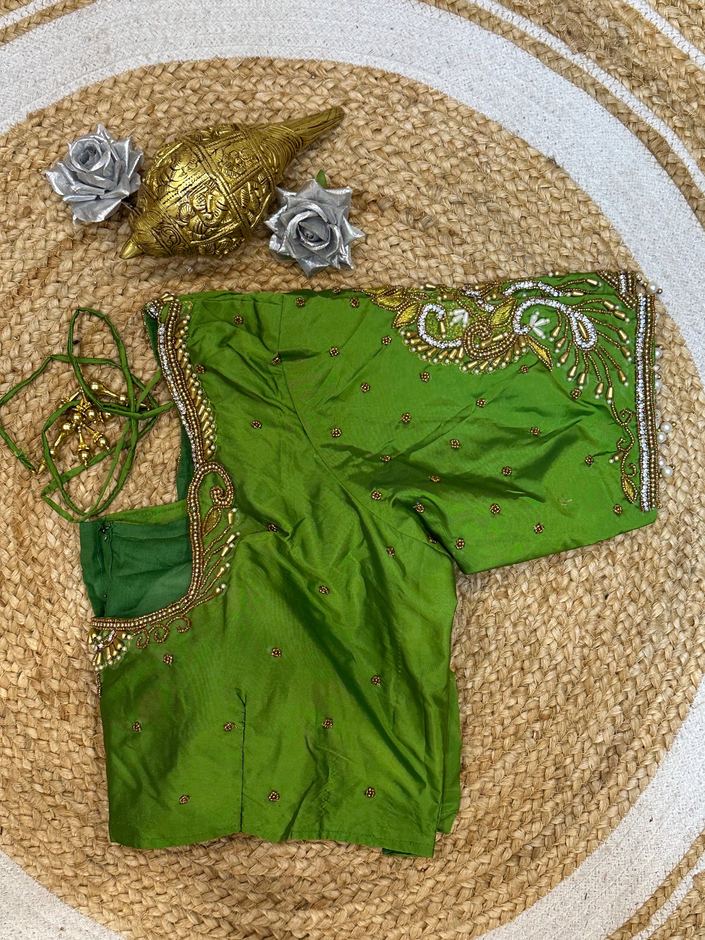 44” Size 14 Aari Worked Sari Blouse Indian Saree Top Silk Green B138