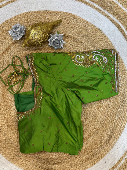 44” Size 14 Aari Worked Sari Blouse Indian Saree Top Silk Green B138