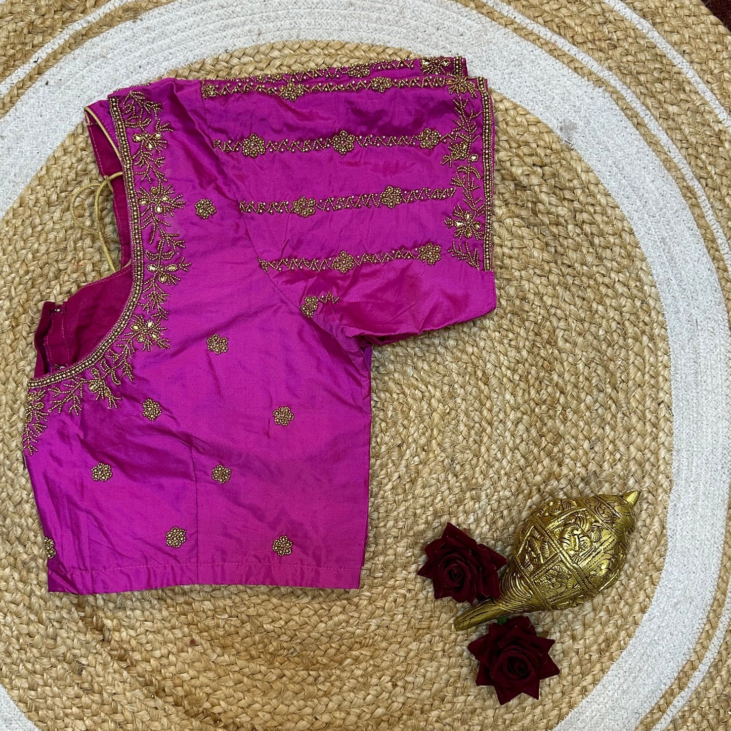 44” Size 14 Aari Worked Sari Blouse Indian Saree Top Silk Hot Pink B253
