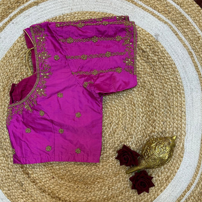 44” Size 14 Aari Worked Sari Blouse Indian Saree Top Silk Hot Pink B253