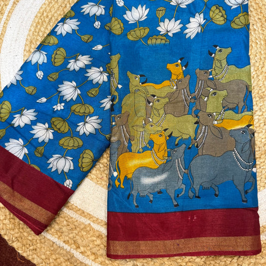 Blue Indian Casual wear Saree Kalamkari Printed Sari S143