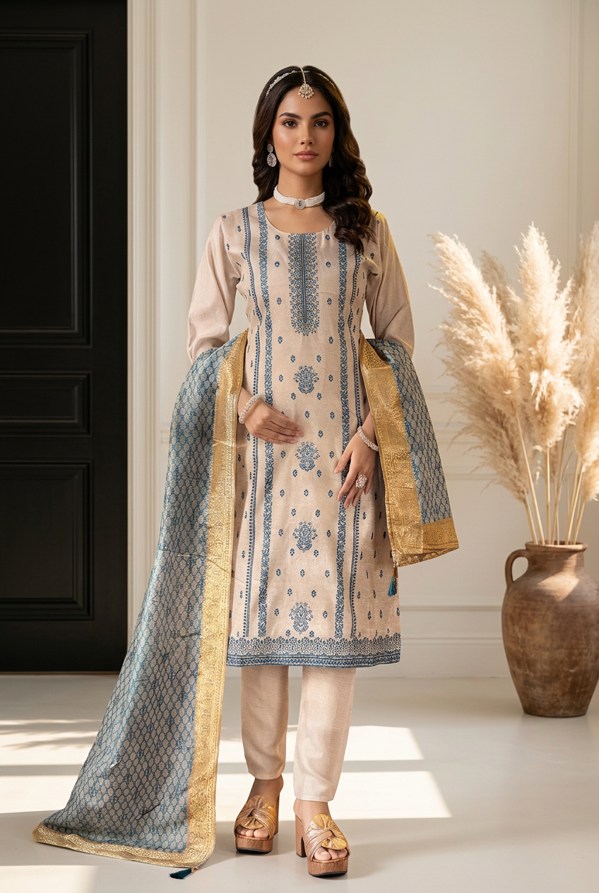 Cream Blue Indian Pakistani Outfit Salwar Kameez Suit S61