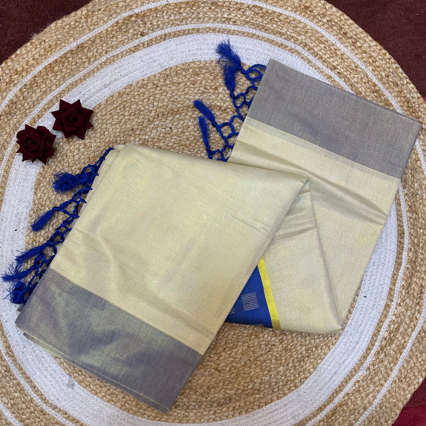 Brown Kerala Vishu Sari Indian Cream Tissue Saree C34