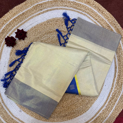 Brown Kerala Vishu Sari Indian Cream Tissue Saree C34