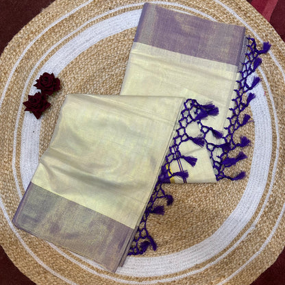 Brown Kerala Vishu Sari Indian Cream Tissue Saree C34