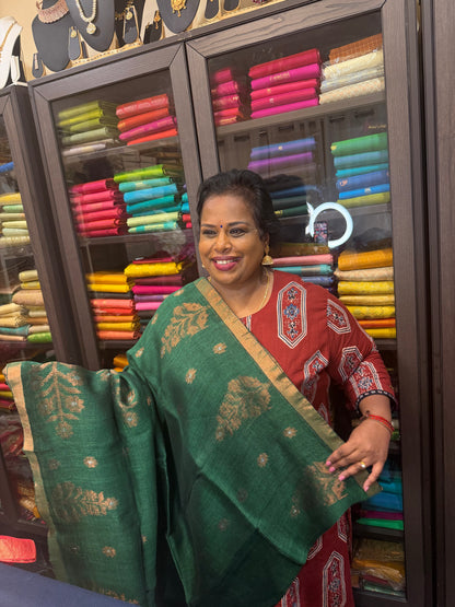 Silk Cotton Linen Sari Indian Saree Copper Jari Green S131