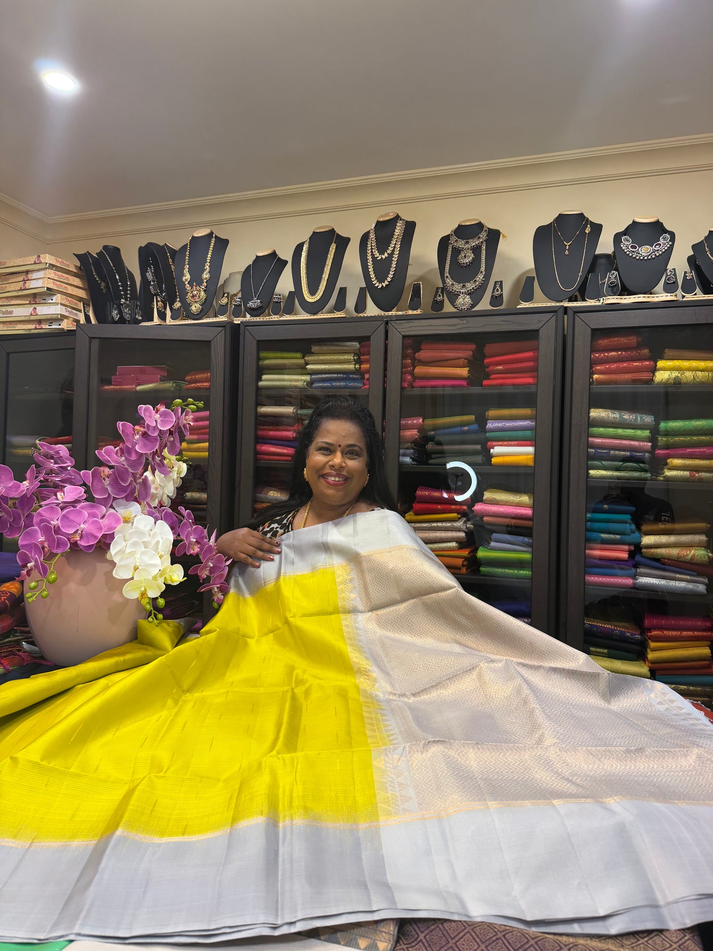 Kanchipuram Pattu Soft Silk Saree Pure Silk Sari Yellow Grey  | SS5