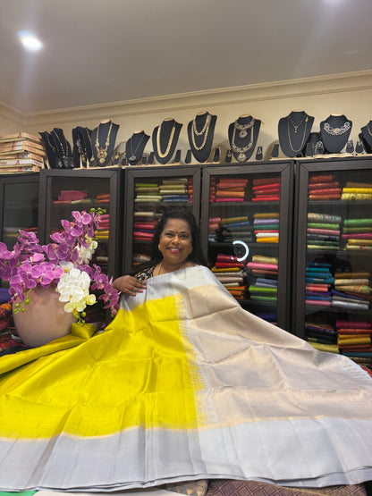 Kanchipuram Pattu Soft Silk Saree Pure Silk Sari Yellow Grey  | SS5
