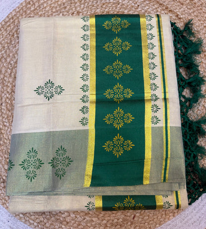 Green Kerala Vishu Sari Indian Cream Tissue Saree C9 - Col 2