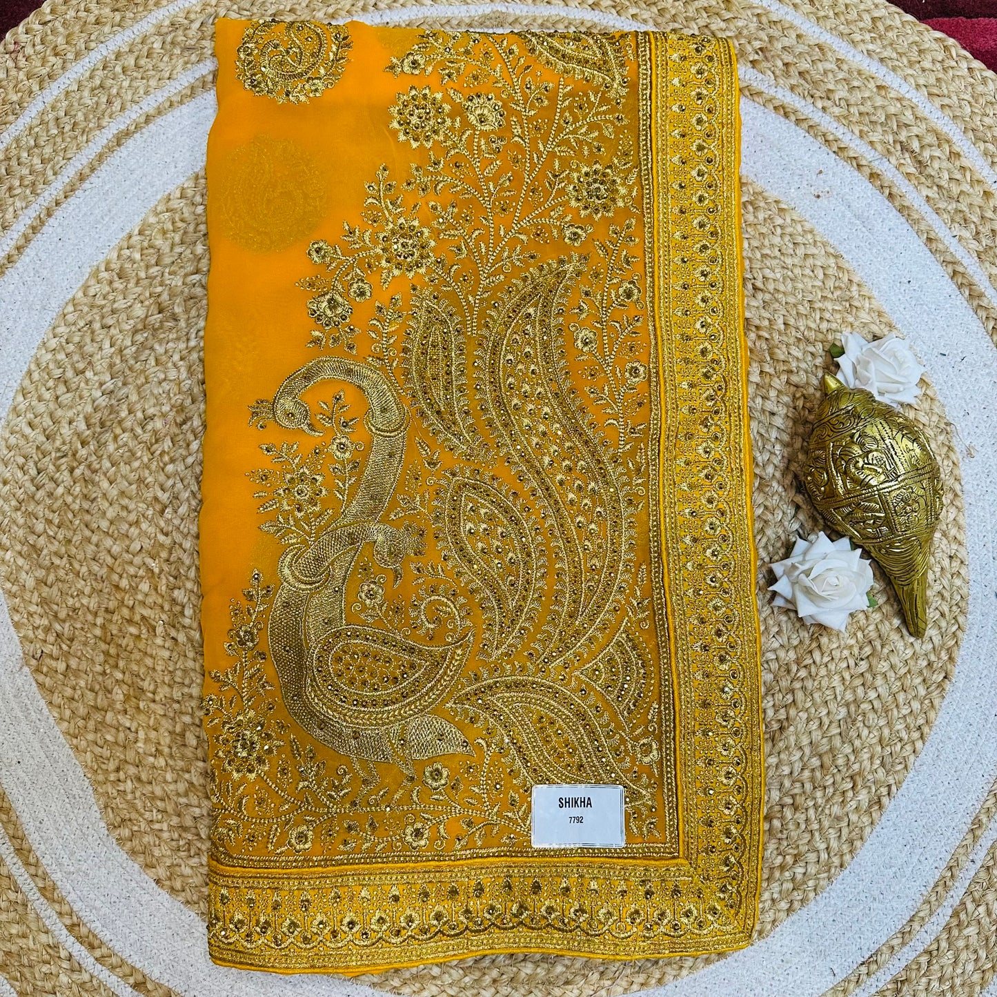 Georgette Sari Indian Fancy Party wear Saree Yellow V3