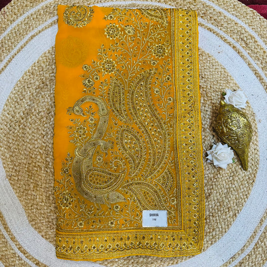 Georgette Sari Indian Fancy Party wear Saree Yellow V3